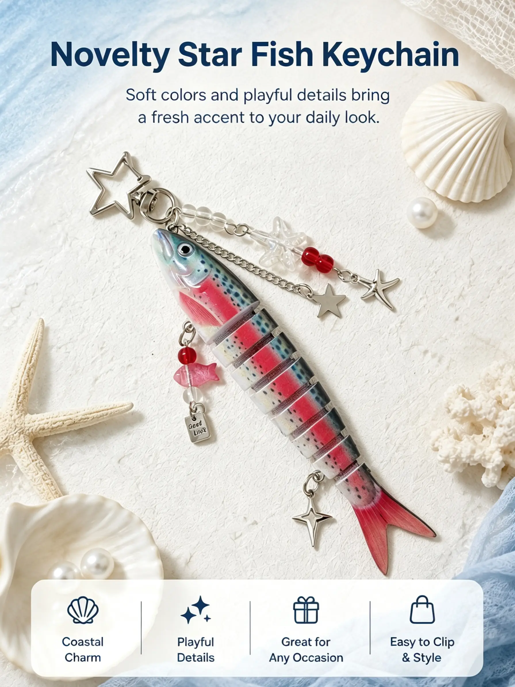 Novelty Star Fish Keychain,Fisherman Enthusiasts Fishing Fish Bait Keychain Jointed Fish Keychain Beaded Charm Fishing Lure Keychain Realistic Fish Keyring Bag Backapack Charm Aesthetic Trout Fish Key Pendant Fishing Key Chain Purse Accessory Trinket Gift