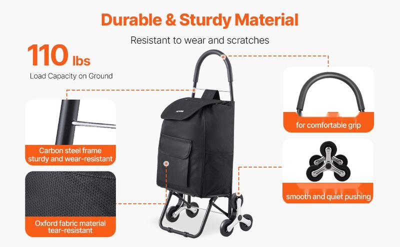 Stair Climbing Folding Shopping Cart With 36L Capacity, Durable Metal Frame, 6 Wheels, Integrated Storage Bag, Compact Fold, Easy Maneuver, Ideal For Groceries, Laundry And Outdoor Use
