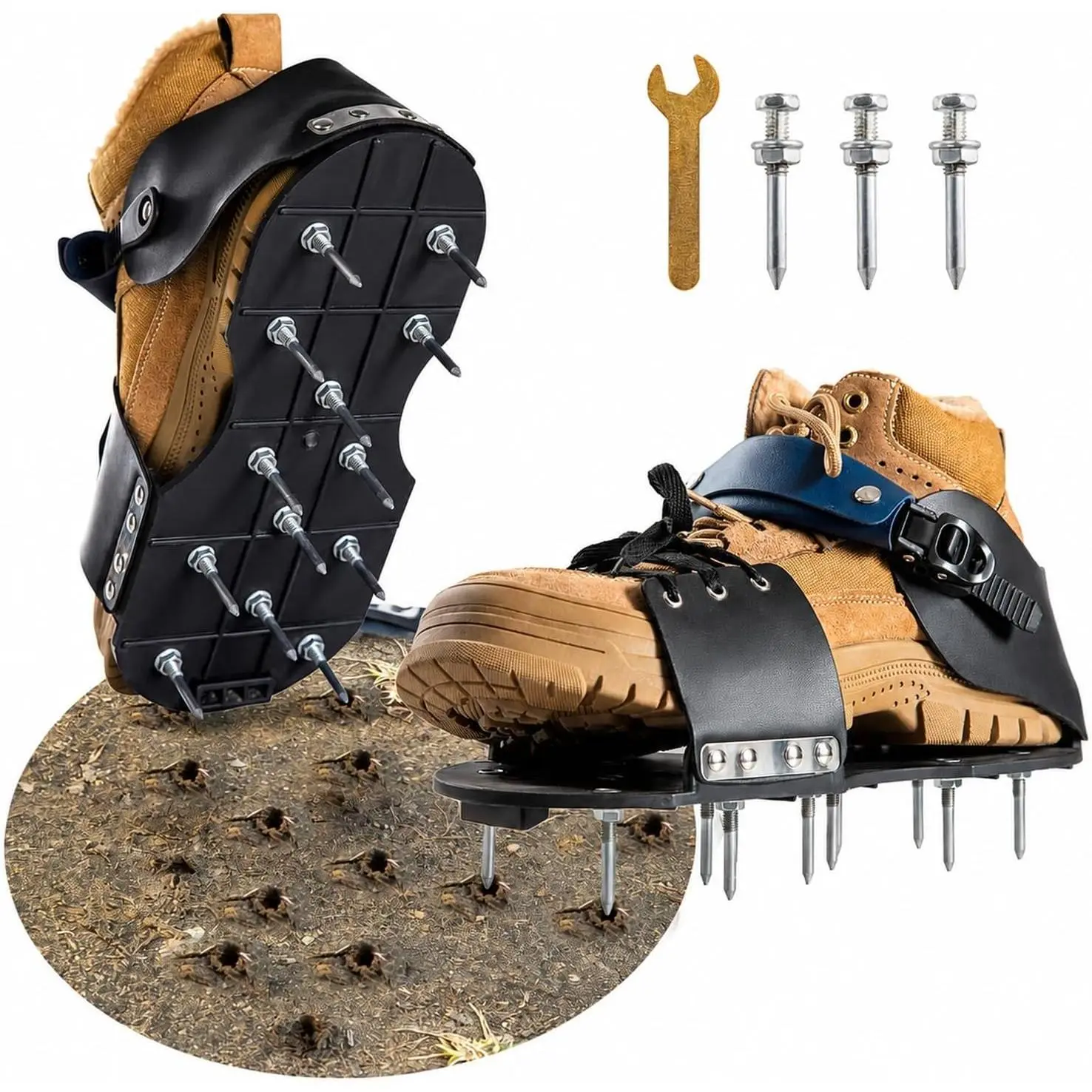 Lawn Aerator Shoes with Foot Protection & Adjustable Straps, Pre-Assembled Aerating Shoes for Grass, Lawns, Gardens, and Courtyards (Black & Dark Blue)