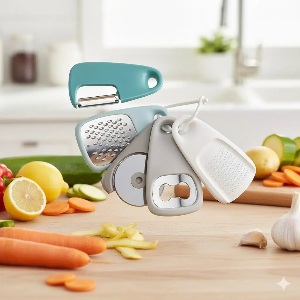 Stainless Steel 5-in-1 Collapsible Camp Cooking Utensil Set, Multi-Function Cheese Grater Pizza Cutter Bottle Opener, Vegetable Peeler & Garlic Grinder. Portable Kitchen Gadgets for Outdoor, Efficient Food Chopper, Home Cooking Tools.
