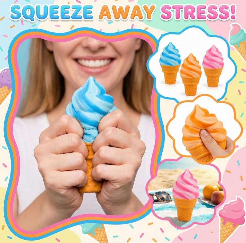 3-pack Ice Cream Soft Gel Filled Sensory Squeeze Toy - Stretchy Jelly Squishy Stress Relief Ball, Calming Anxiety Fidget
