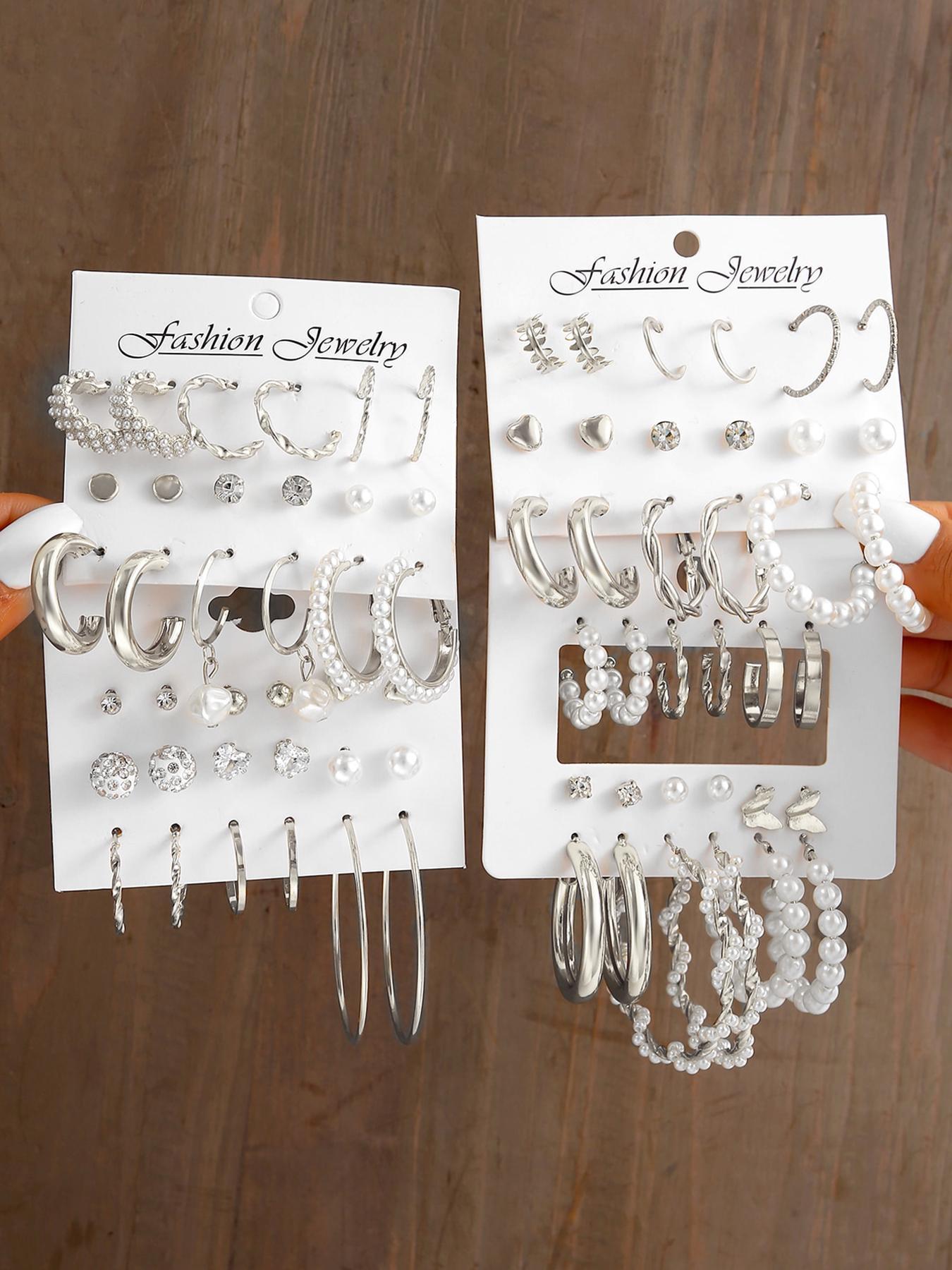 Mixed Shape Elegant Rhinestone & Faux Pearl Decor Dangle Earrings Set, Fall Geometry Hoop Earrings Set, Fashion Vintage Jewelry for Women & Girls for Back To School, Fall Freshness, Girlfriend Gifts