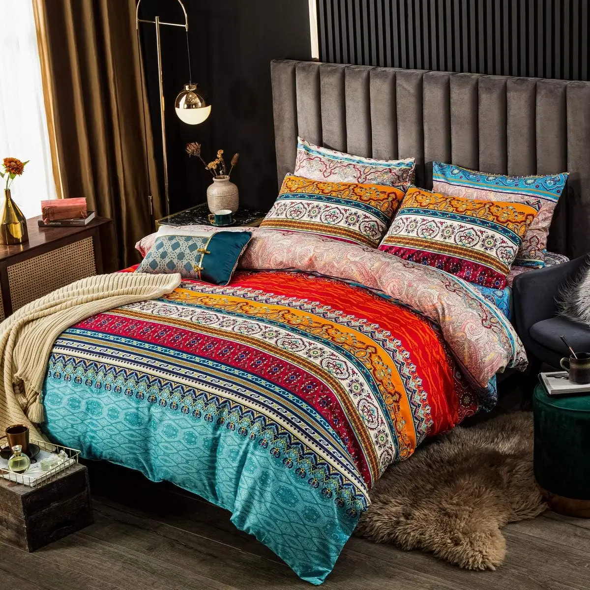 Bohemian Duvet Cover Queen Colorful Floral Boho Striped Bedding Set Soft Microfiber Duvet Cover Southwestern Indian Tribal Reversible Bedding Style Decor Boho Comforter Cover