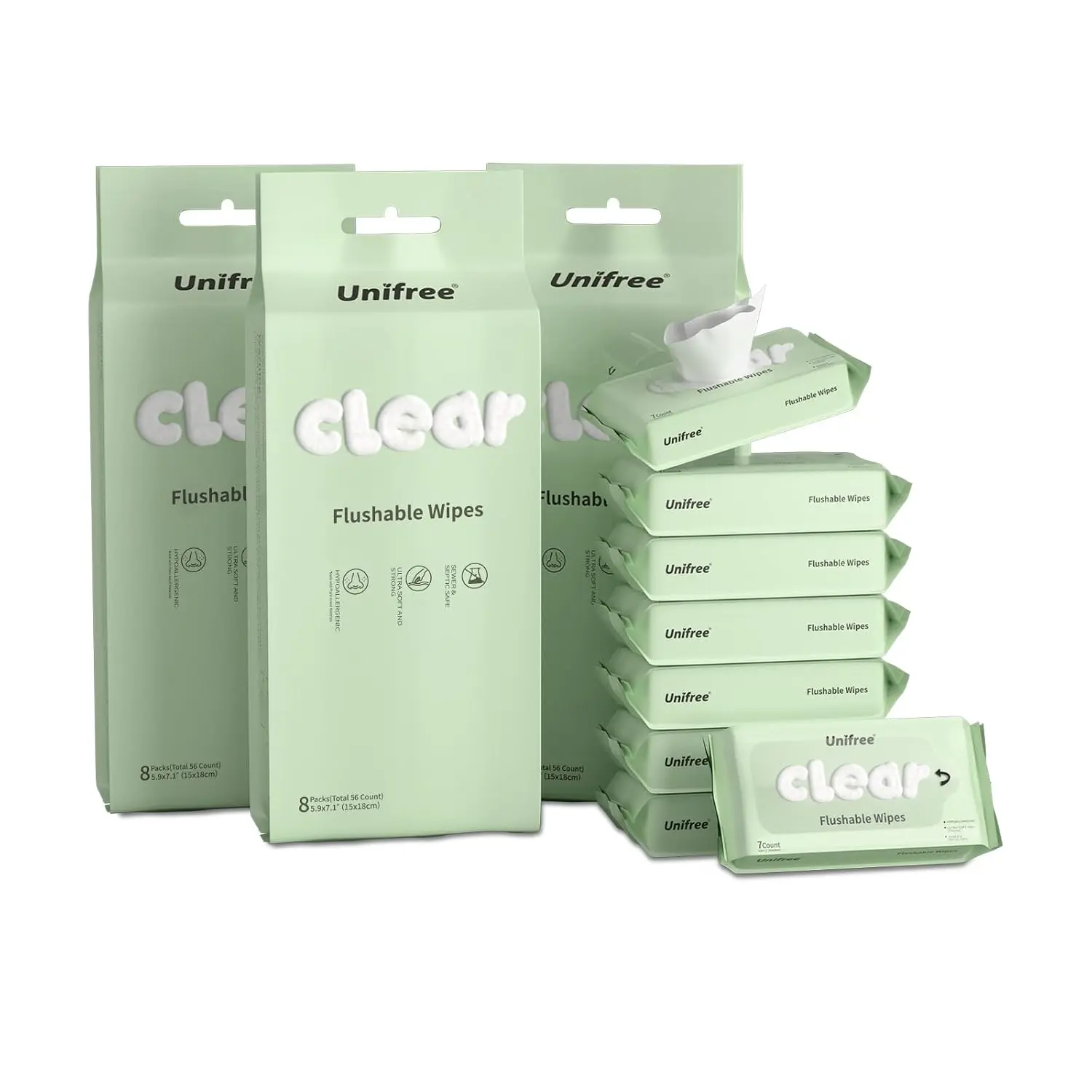 Flushable Wipes Travel Size, 224 Count Portable Wet Wipes with 99% Water for Sensitive Skin, Unscented Pocket Wipes for Adults & Kids