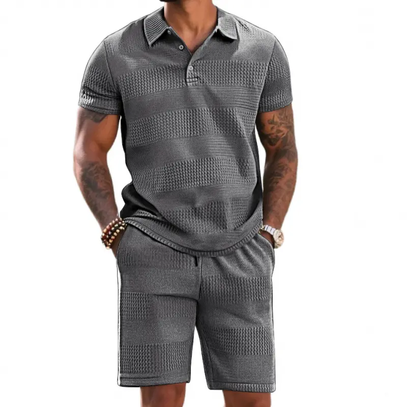 Men's Jacquard Knit 2 Piece Set, Casual Loose-Fit Short Sleeve Polo Shirt and Matching Shorts, Athletic Menswear Outfit, Knitted