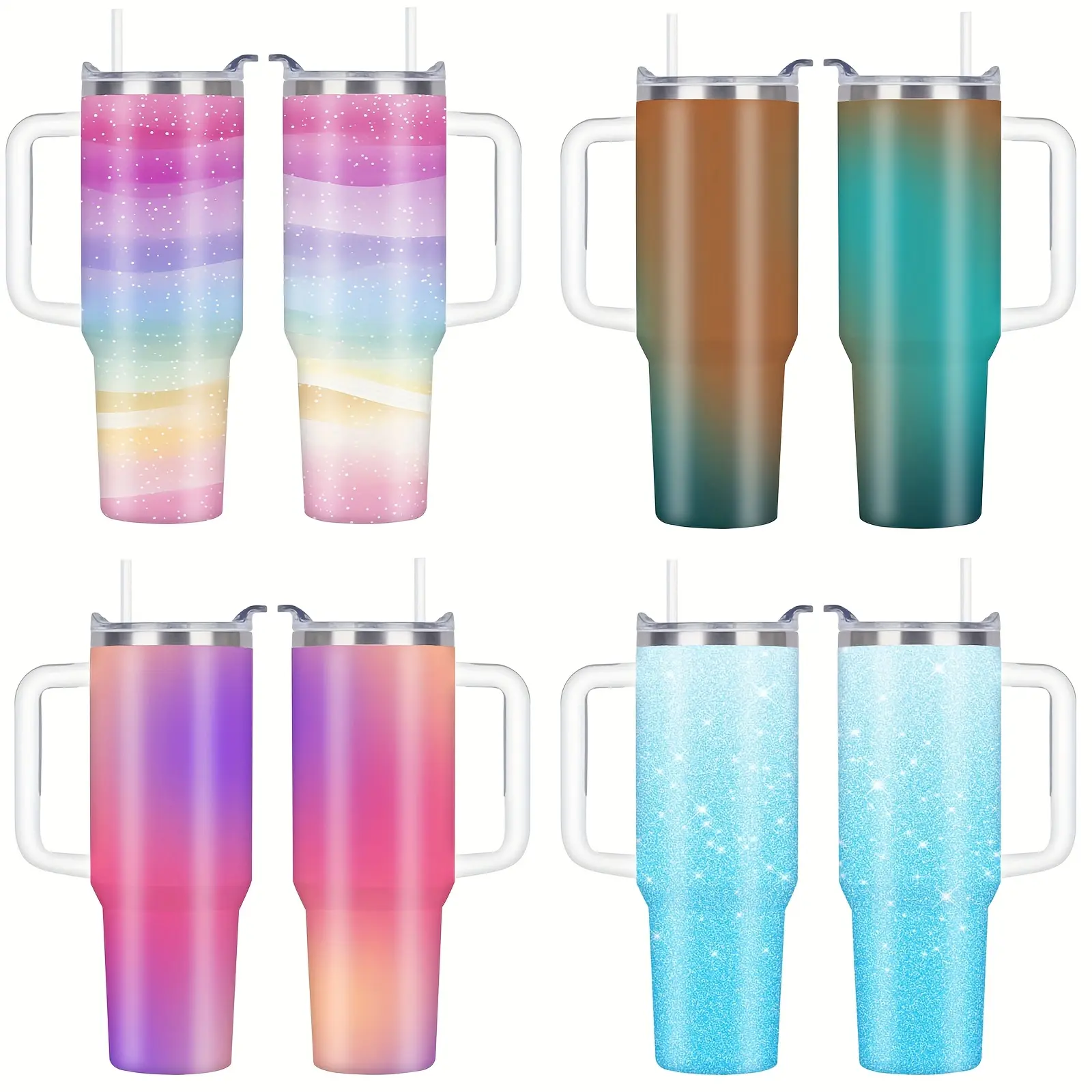 1 40 oz/double insulated stainless steel cup with lid and handle | gradual change macaron rainbow theme with snowflake glitter design - perfect for coffee, tea and cold drinks, ideal gift for lovers of fashion drinking utensils, travel mug
