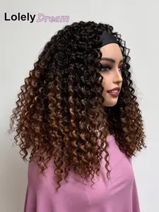 16 Inches Long Wet And Wavy Jerry Curly Headband Synthetic Wig For African American Women, Fashion T1b/30 Ombre Black Honey Blonde Gradient Tone, Fully Glueless Wear And Go Design Equipped With Attached Matching Headband, High Grade Heat Resistant Synthet