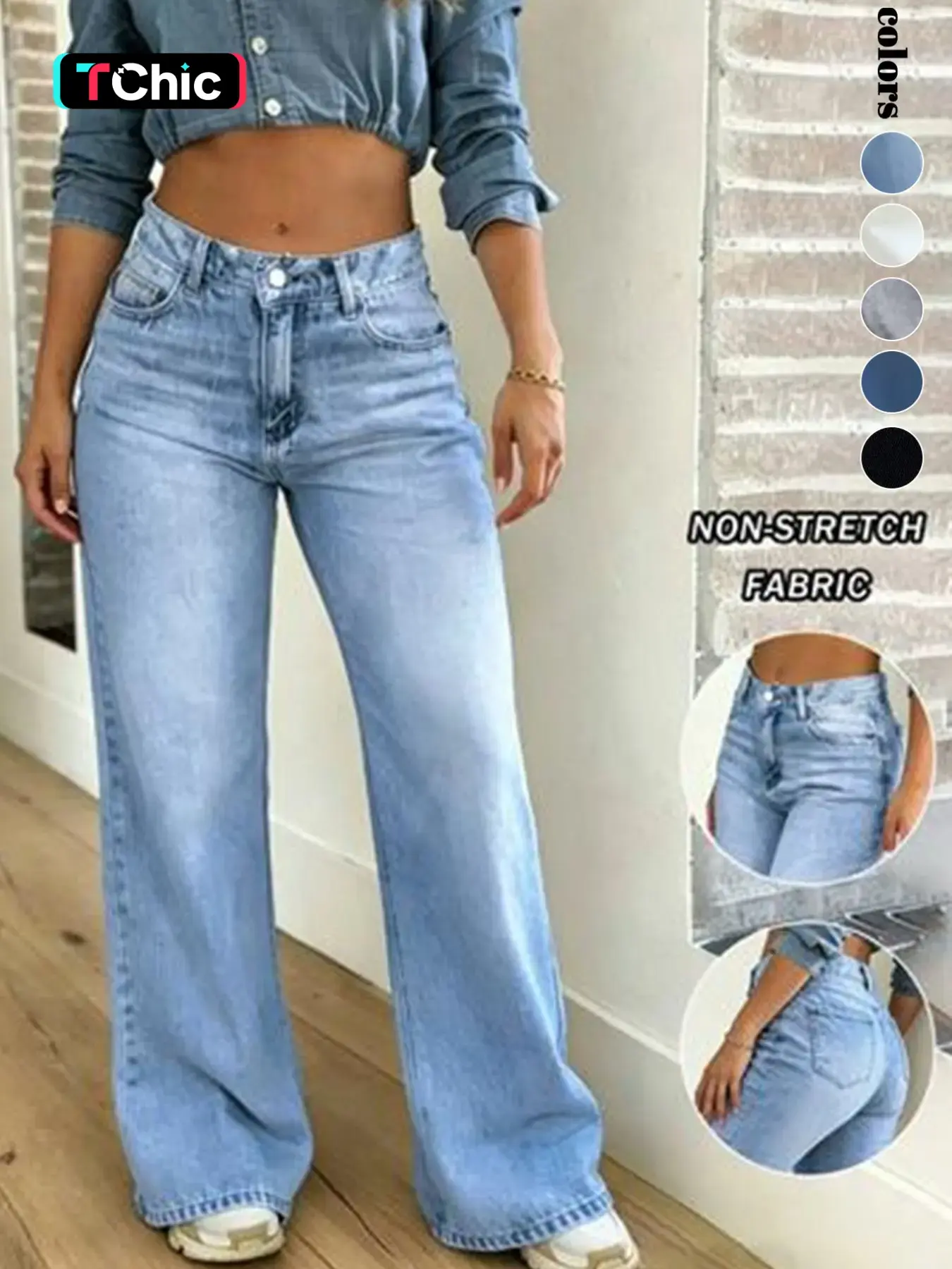 Women's Vintage American Style Jeans, Distressed Loose Fit Wide Leg Pants, Non-Elastic Straight Leg Below Knee, Casual All Seasons