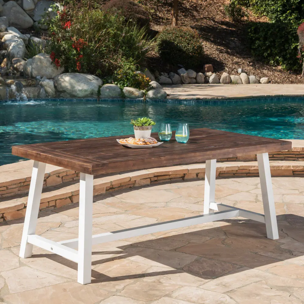 Littleox Rectangular Outdoor Dining Table - Dark Brown Sandblast Finish Acacia Wood Top, White Rustic Metal Frame