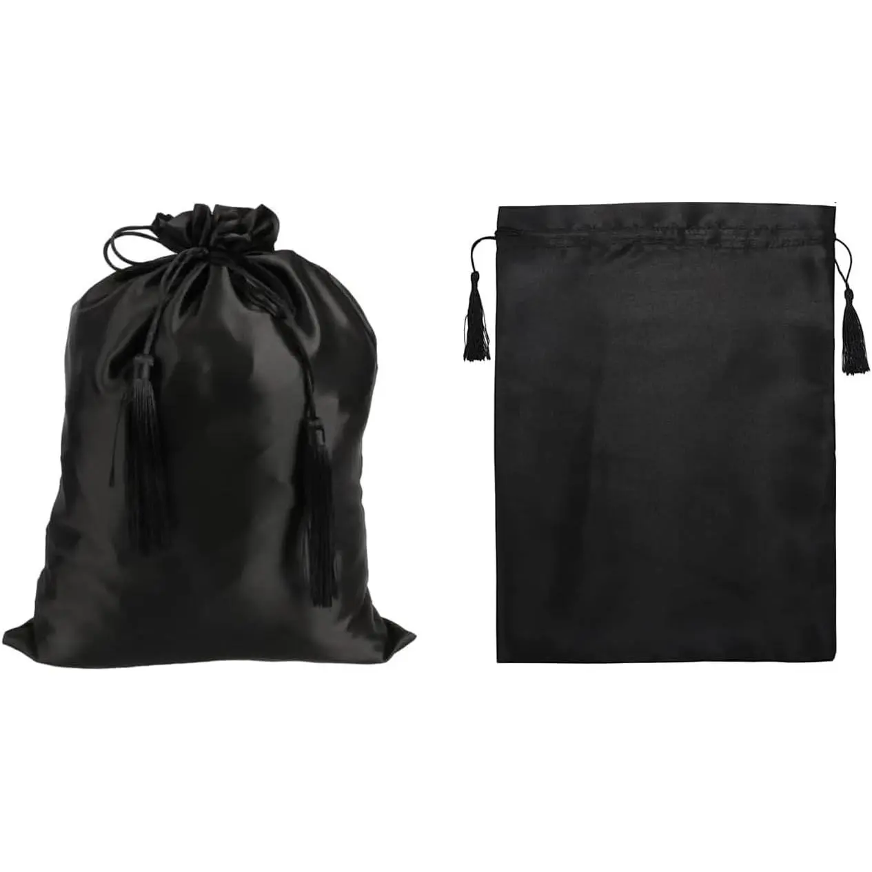 2 count Silk Satin Wig Bags with Drawstring Tassel, Hair Storage Bags, Black Wig Packaging Sacks for Multiple Wigs  Hair Extensions,  for  Salon Travel
