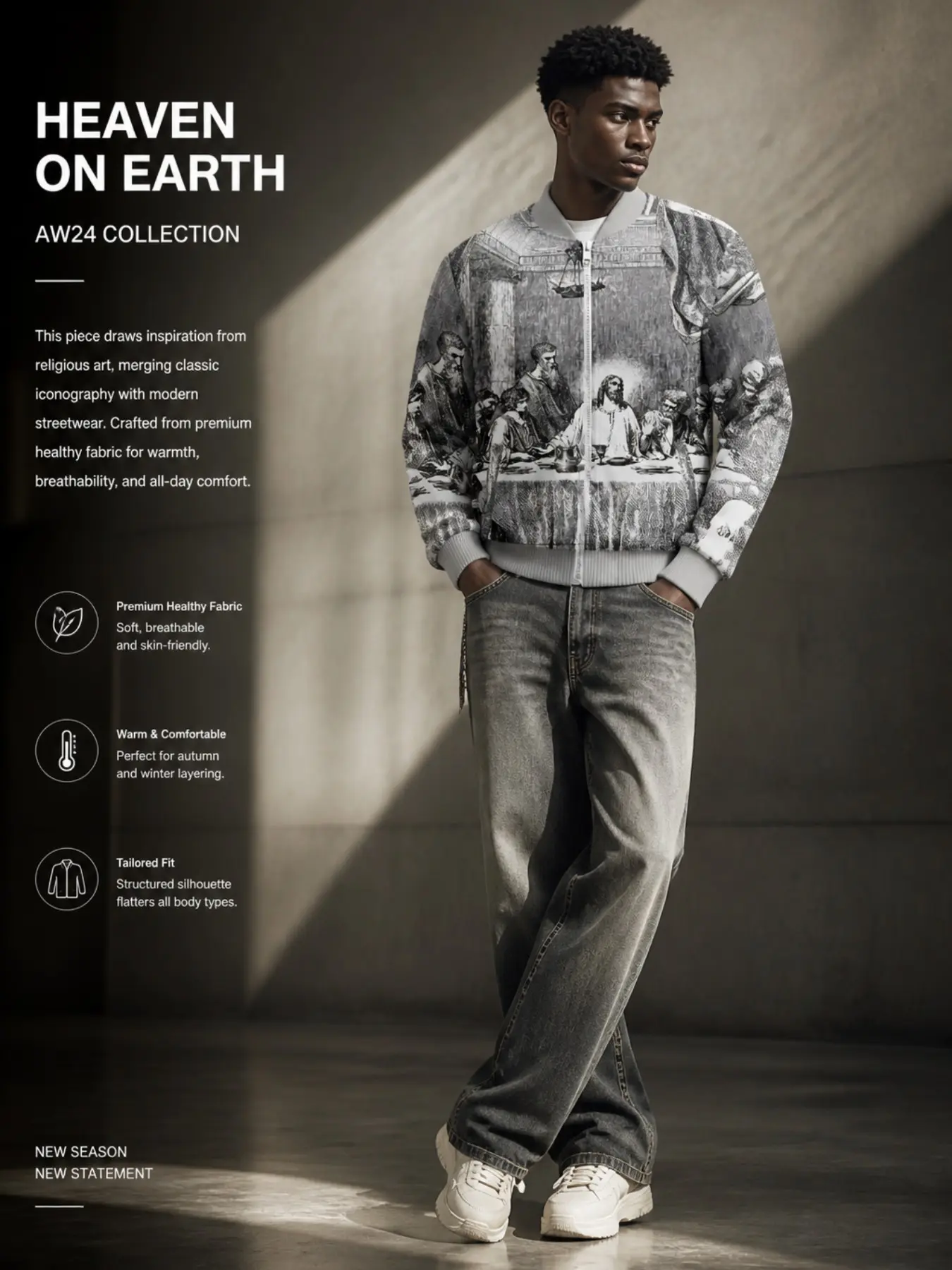 Men's Renaissance Art Full Zip Baseball Jacket, Vintage Oil Painting Print, Windproof Streetwear, Fall & Winter Outerwear