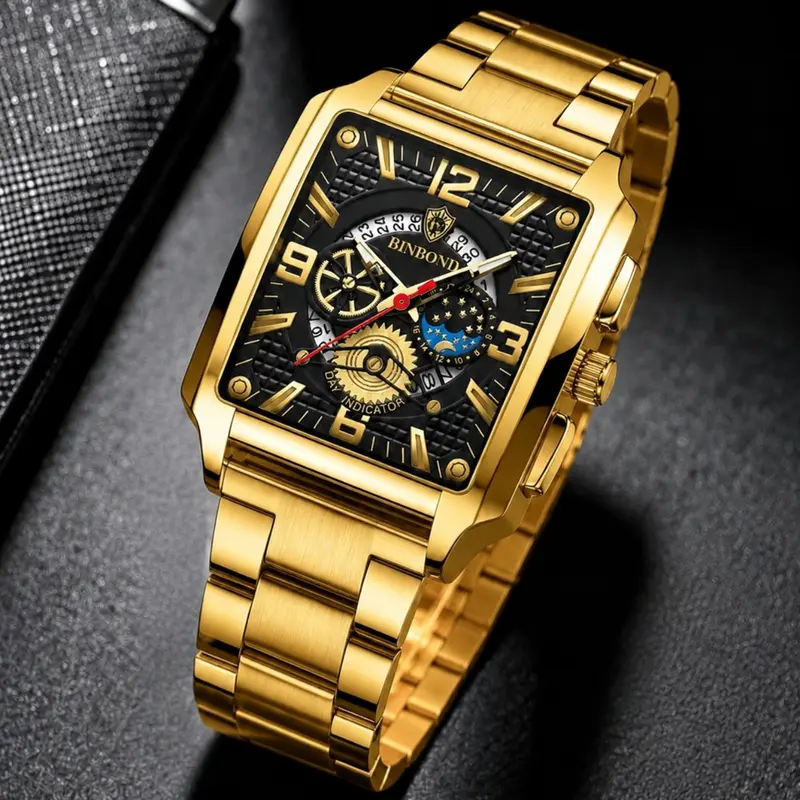 Men's Luxury Analog Quartz Watch, Multi-Function Movement, Stainless Steel Band, Waterproof, Luminous Hands, Business and Casual Watch