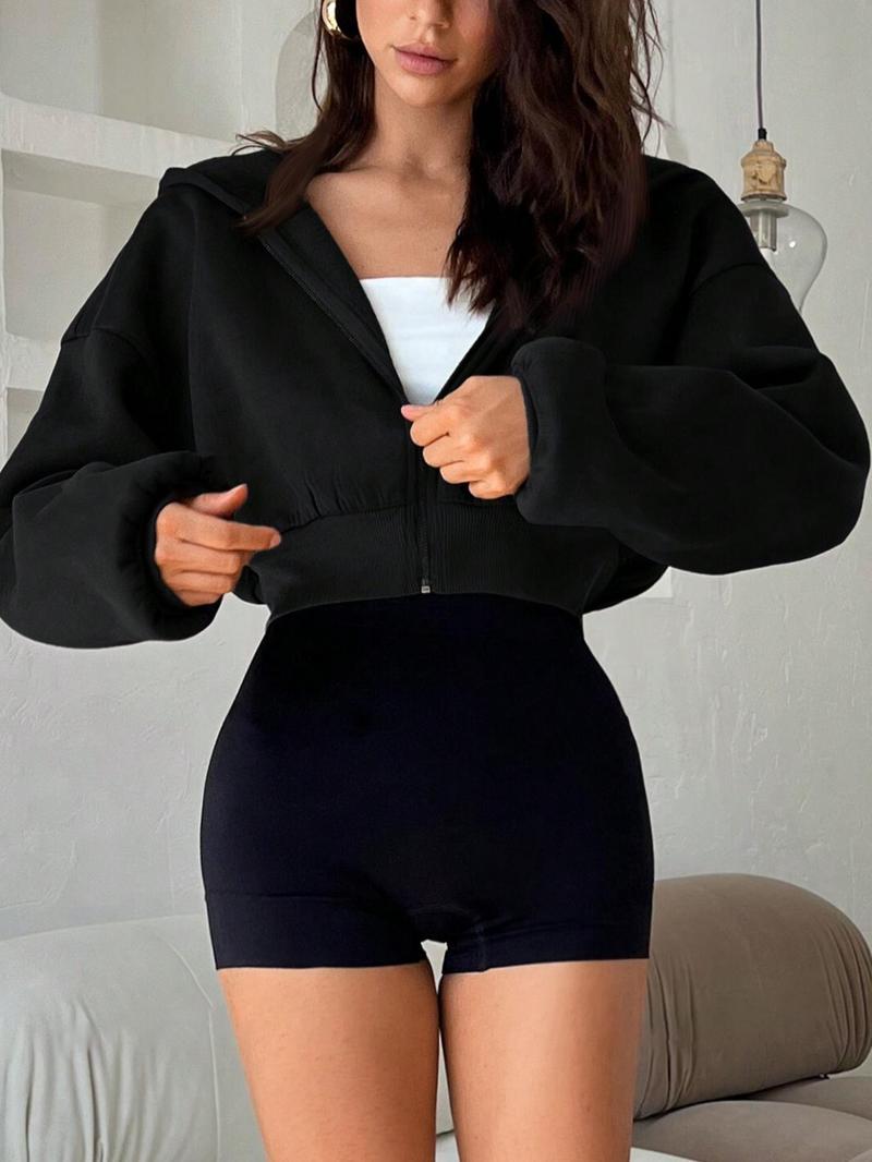 Women's Solid Zip Up Thermal Crop Hoodie, Casual Long Sleeve Hooded Sweatshirt for Winter, Women's Clothing for Daily Wear, Cropped Hoodie