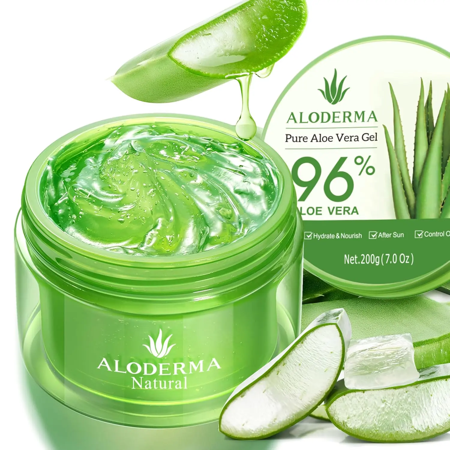 Aloe Vera Gel, 96% Pure Organic, Hydrating Multipurpose Moisturizer for Skin, Scalp & Hair, Made Within 12 Hours of Harvest, 7.05oz