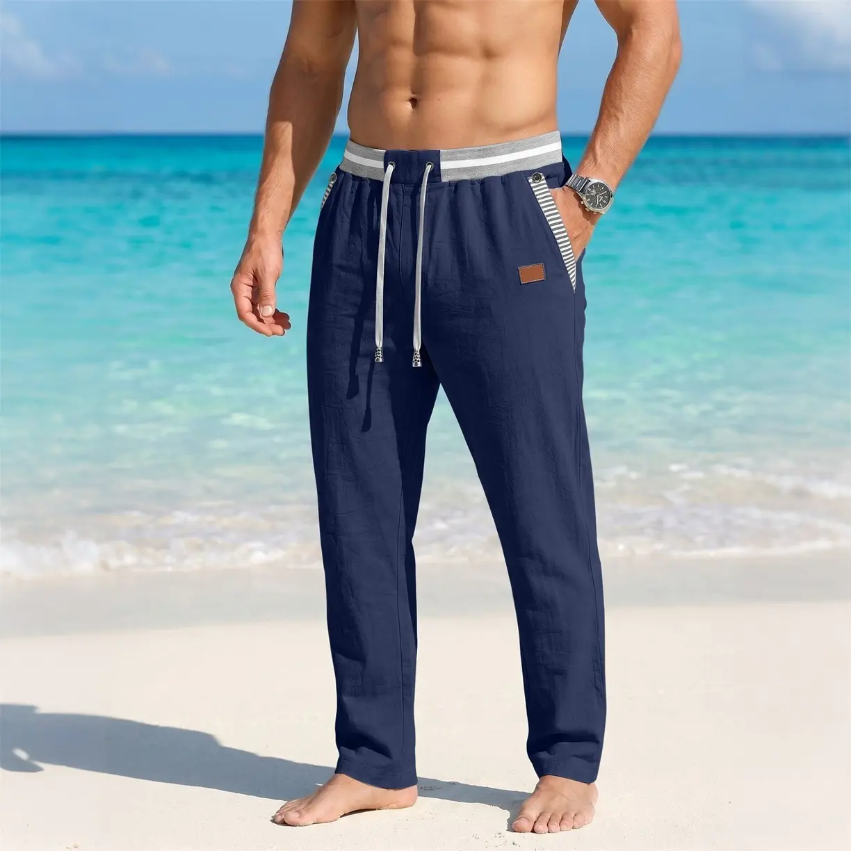Men’s Elastic Waist Solid Colors Casual Drawstring Pants - Lightweight, Loose-Fit Straight-Leg Trousers with Pockets, Textured Fabric for Summer Beach Vacation, Daily Wear