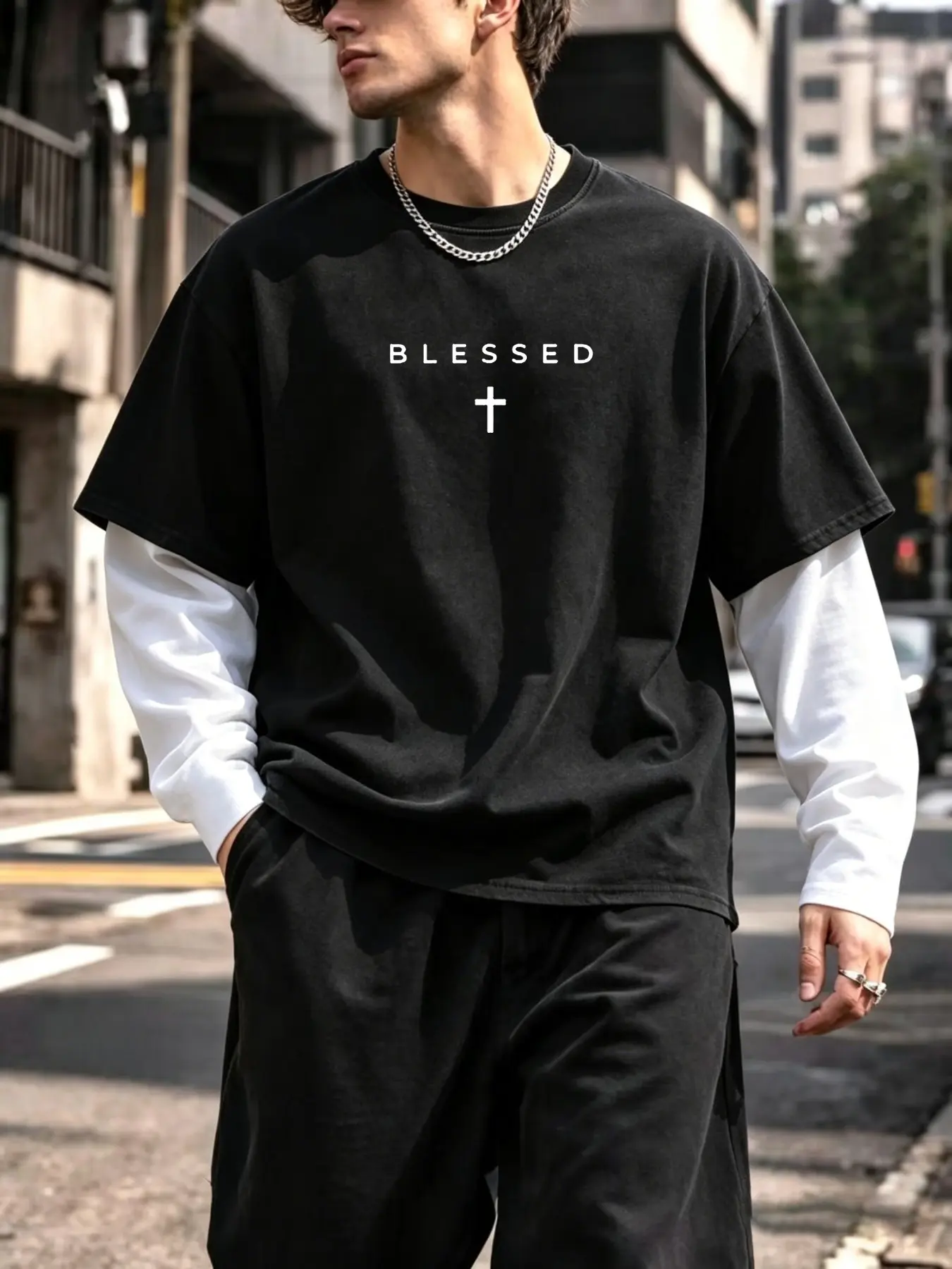 Streetwear Fake Two-Piece Men's T-Shirt, Patchwork Long Sleeve Layered, Loose Oversize Round Neck, Cool Casual Street Style Versatile Top
