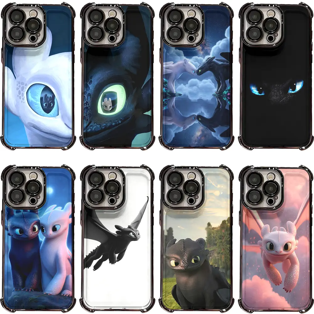 How To Train Your Dragon Toothless & Light Fury Black Electroplated 4-Corner Phone Cases For iPhone 17 ProMax/Air,16 Pro,15,14 Plus,13,12 & Samsung S23-S26, Clear Shockproof Dustproof Plating Edge Cartoon Cover For Anime Fans, Couple Birthday Gifts
