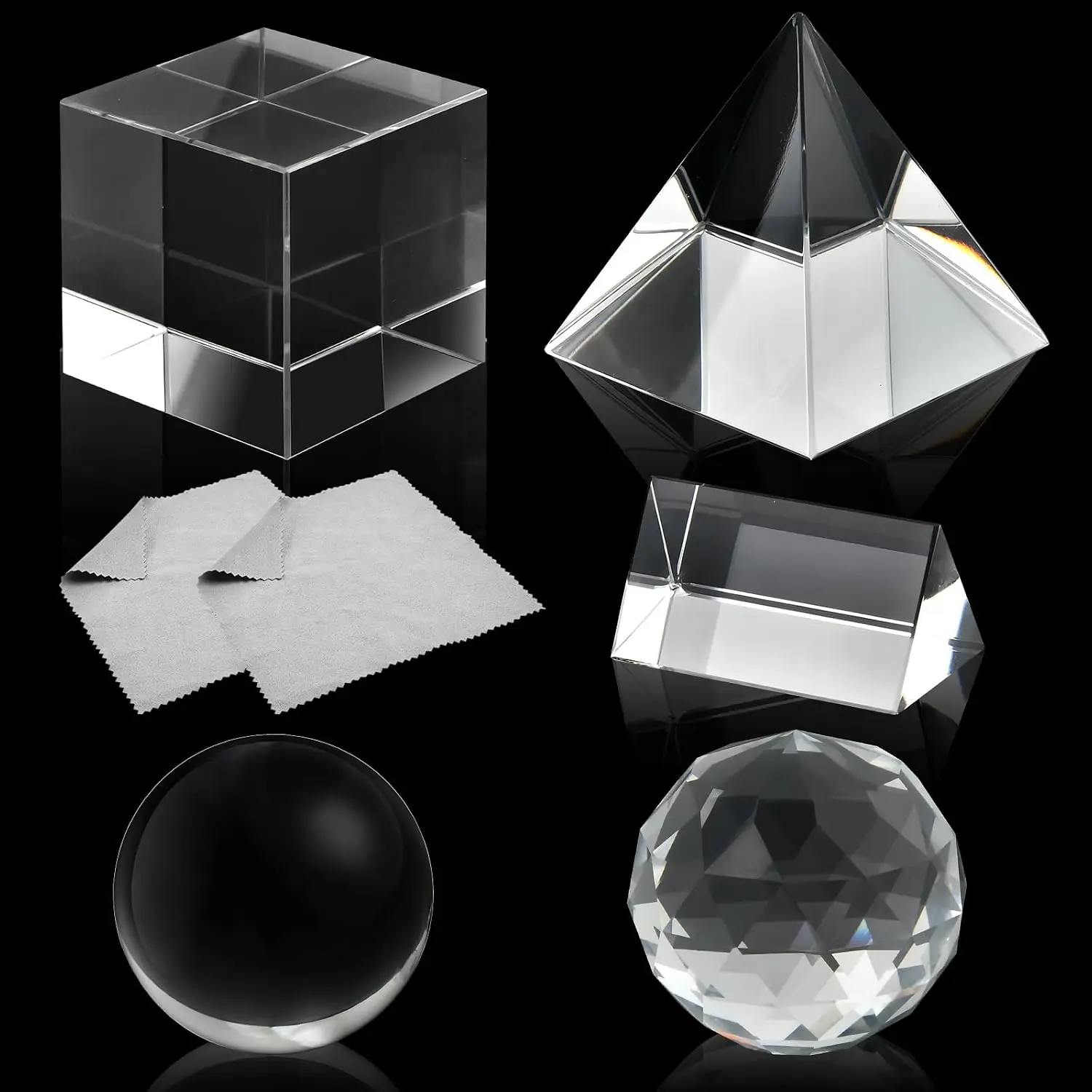 5 Pack K9 Optical  Photography Prism Set with  Ball Glass Triangular Prism Cube Lens Prism Ball and Optical Pyramid, Portable Rainbow Prism for Photos and Teaching Light