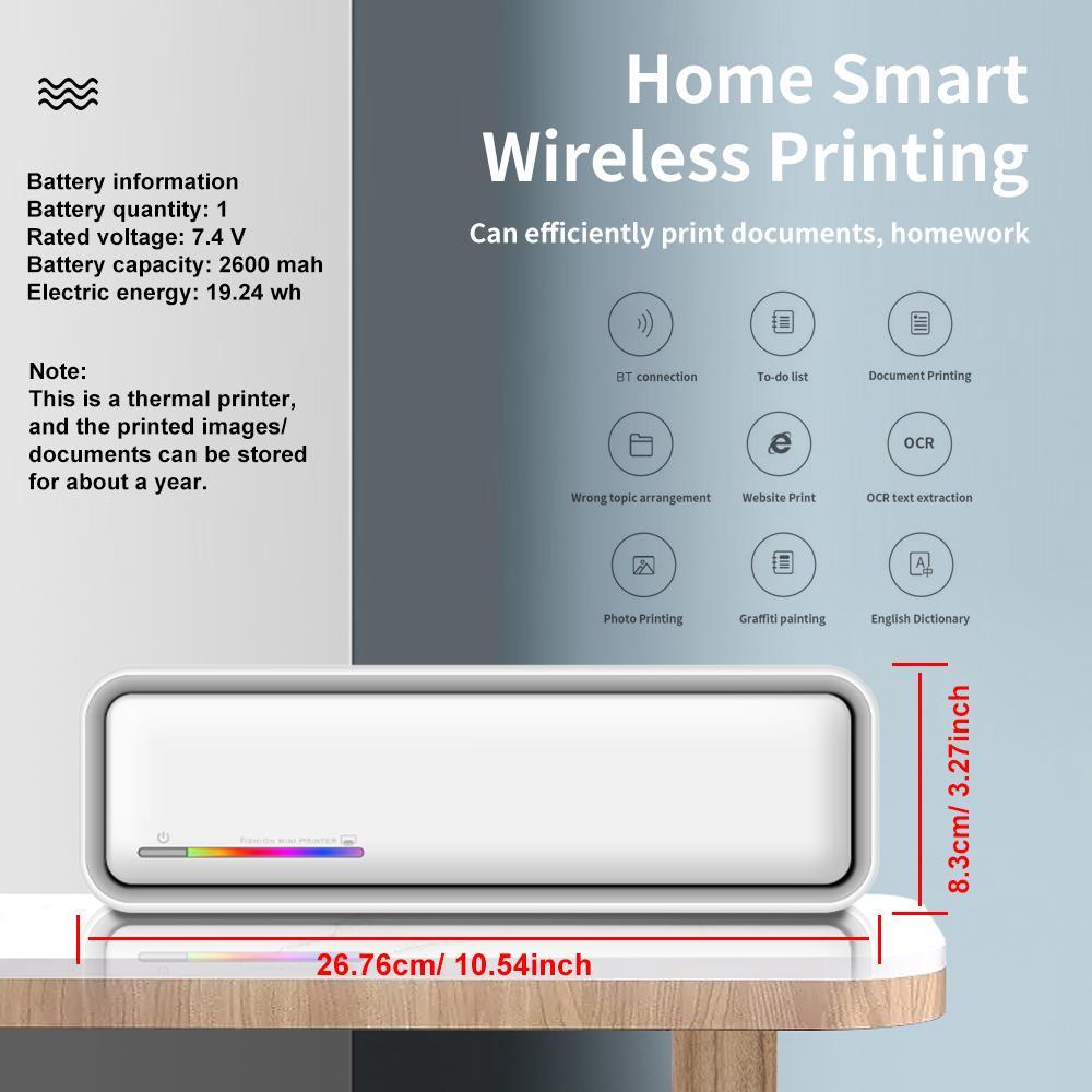 Portable A4 Thermal Printer, Battery-Powered Wireless Printer (Battery Not Included) Supporting Mobile BT and PC Printing, Smart Printer for Home, School and Office, Valentine's Day Gift