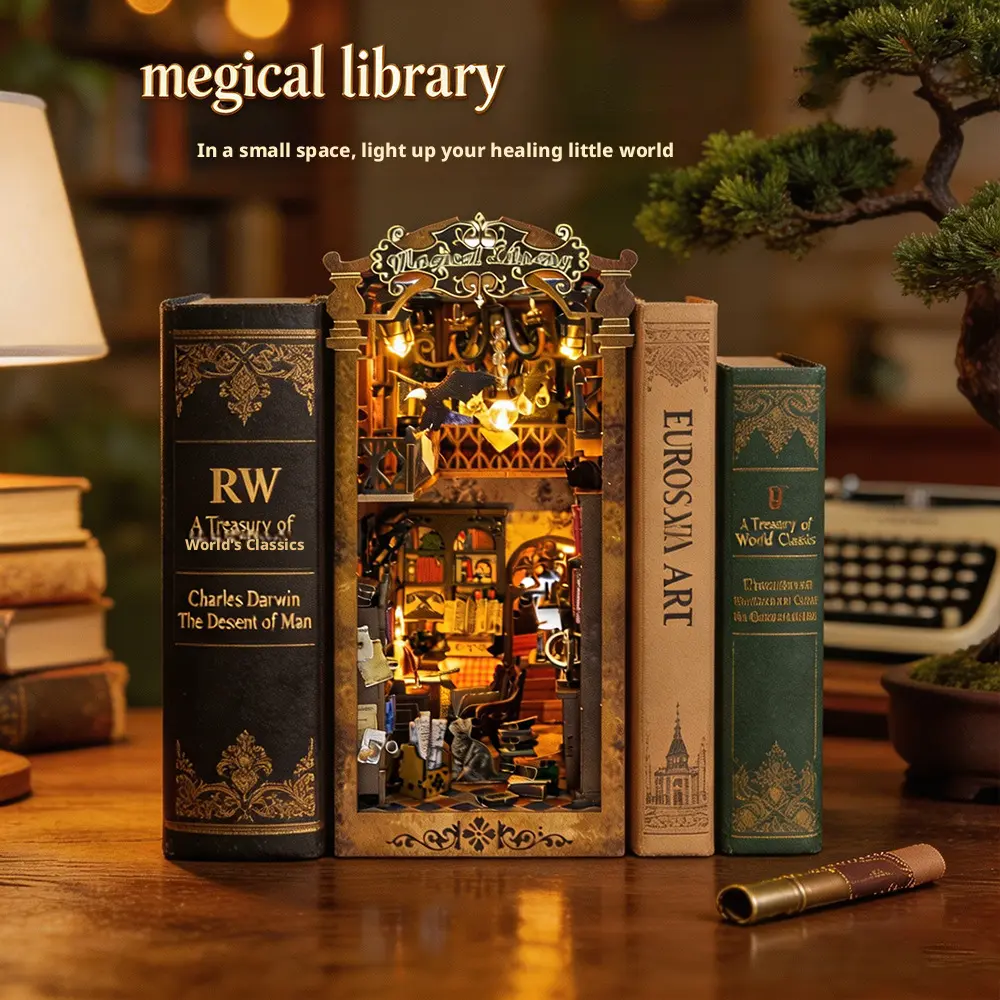 Magic Library Bookshelf Desktop Model House Handmade DIY Assembly Miniature Scene Decoration wooden puzzle toy gift decorative book nook kit building classic design decor journal planner alley build chinese feng shui hot dish custom wood burning poplar