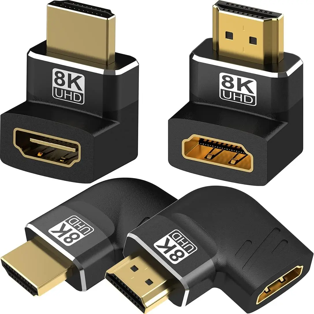 4 Pack 8K HDMI 2.1 Male to Female Adapter Connector Up Down Left Right Angle 90 270 Degree Gold Plated Support 8K@60Hz,4K@120Hz,HDR,eARC for PC Laptop HDTV Switch PS4 PS5,Protective,Case,Splitter,for Dual Monitors,Ultra,AirPods,Multi-Function Cleaning Kit