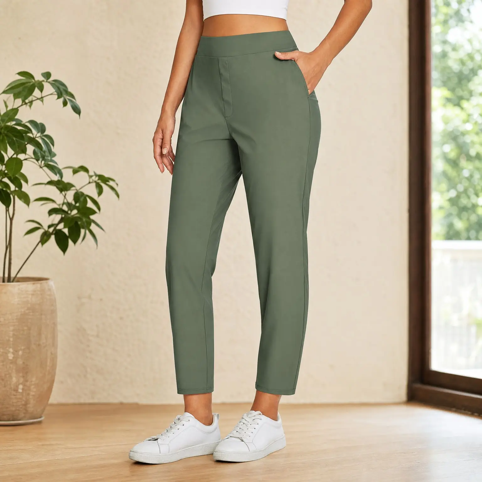 Women's Lightweight Stretch Travel Pants with Secure Zip Pockets, Petite Fit, Business Casual Slacks for Golf, Walking, Jogging