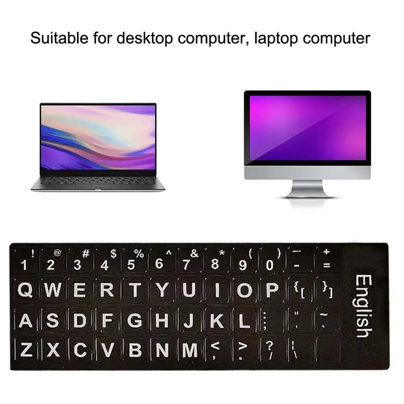 Universal Computer Keyboard Replacement Stickers - Black Background with White Lettering, Non Transparent (2PCS)