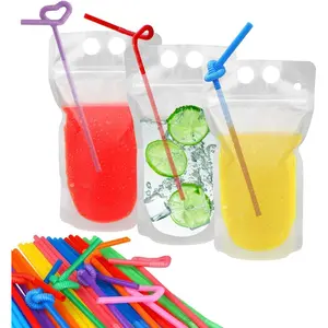 200 Pcs Drink Pouches with 200 Straw Holes, Freezable Juice Pouch, Translucent Reclosable Zipper Plastic Pouches Drink Bags for Cold & Hot Drinks for Adults and Kids