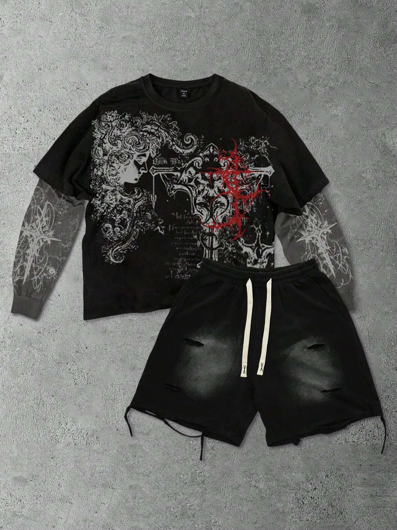 Men's two-piece set with Gothic angel cross print, vintage grunge fake two-piece spliced long-sleeve T-shirt, faded ripped drawstring washed cotton shorts. Dark aesthetic Y2K punk matching outfit, breathable loose fit, ideal for rock concerts, skateboardi