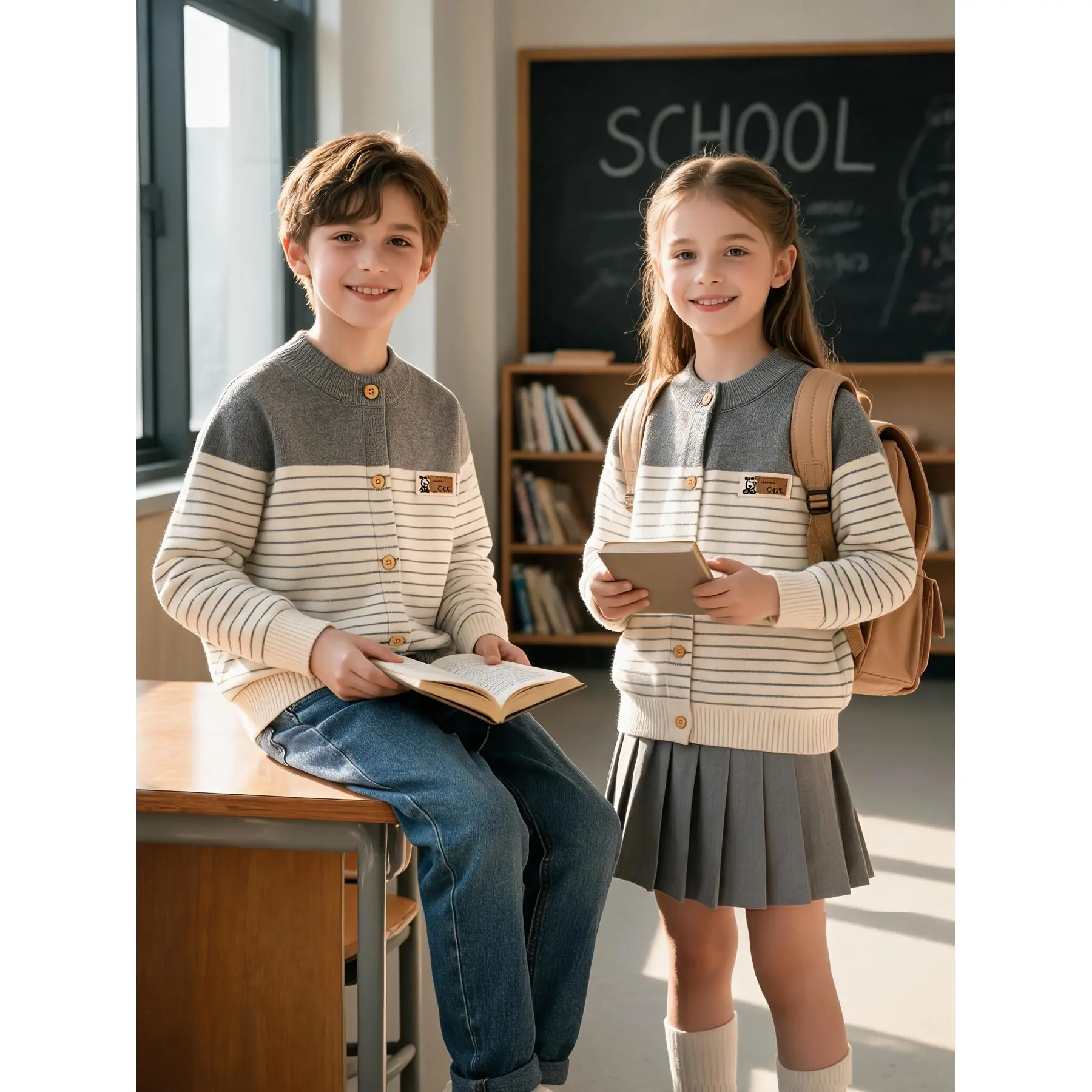 Halloween Carnival Autumn/Winter New Arrival Children's Clothing for Girls and Boys, Preppy Style Single-Layer Core-Spun Yarn Open-Front Sweater, Kids' Fine Striped Knit Cardigan Jacket