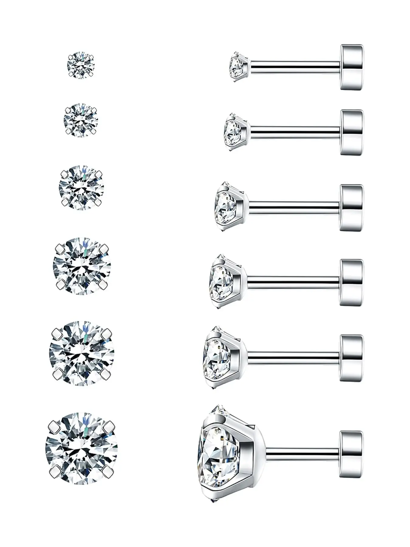 6 Pairs Hypoallergenic Cubic Zirconia Earrings Stainless Steel Flat Back Studs for Cartilage, Screw Back Fashion Jewelry Flatback Earrings