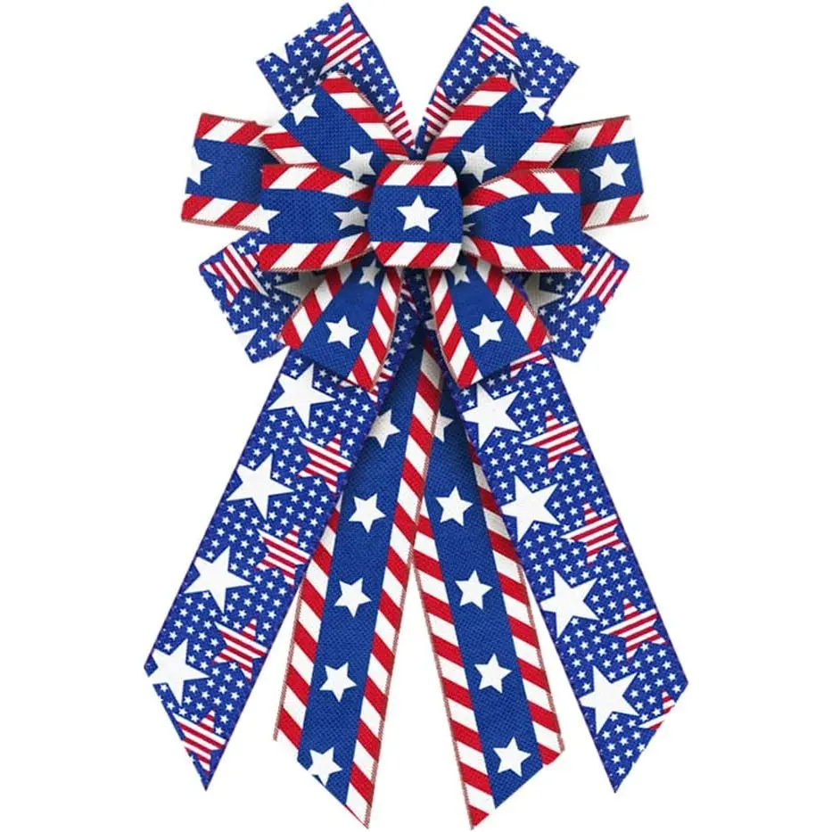 Patriotic Wreath Bow, Red Striped Burlap Ribbon with White Stars for 4th of July Independence Day Memorial Day Veterans Day Front Door  Indoor Outdoor Decor