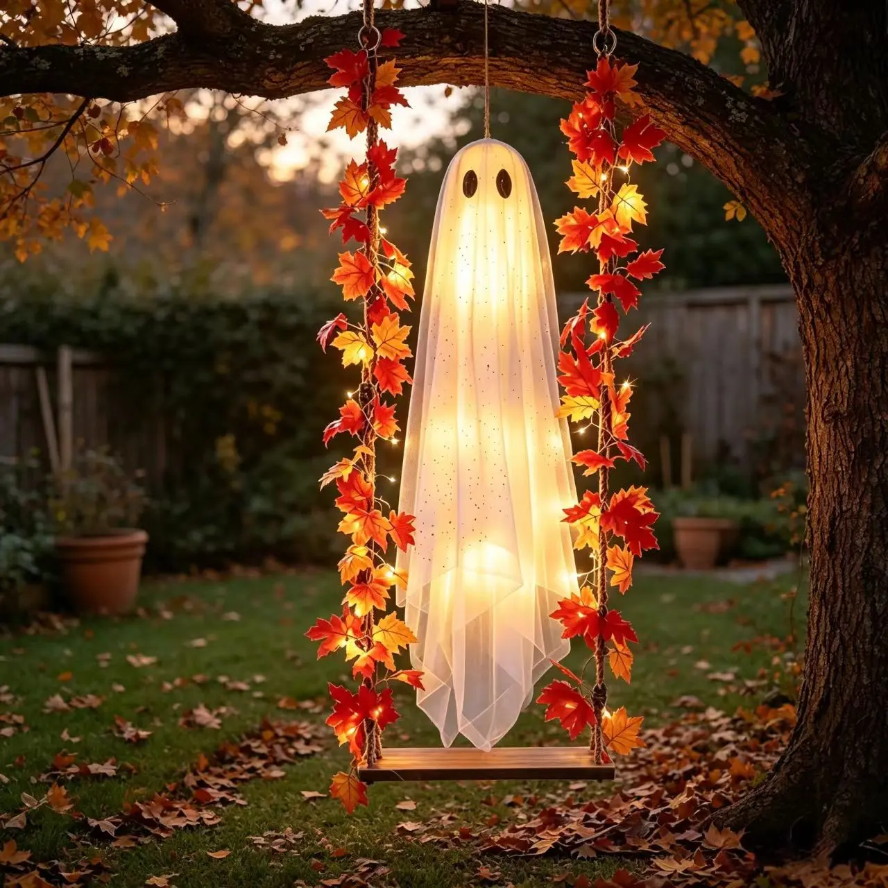 Maple Leaf Net Ghost Swing Ornament Halloween Party Decor, Indoor Outdoor Atmosphere Hanging Decoration, Halloween Event Props