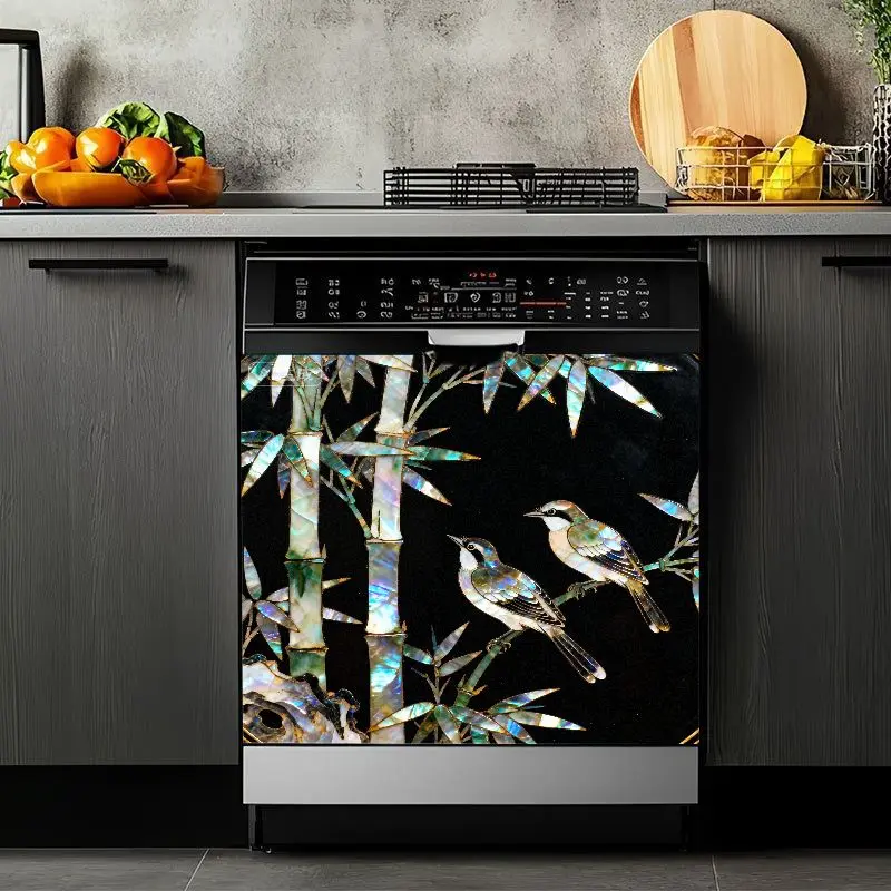 2D Flat 2Pcs Dishwasher Cover Sticker Iridescent Mother of Pearl Asian Design with Birds and Bamboo Pattern Waterproof Self Adhesive Decorative Front Panel for Kitchen Appliance Home Décor Refrigerator Washing Machine Cabinet Door