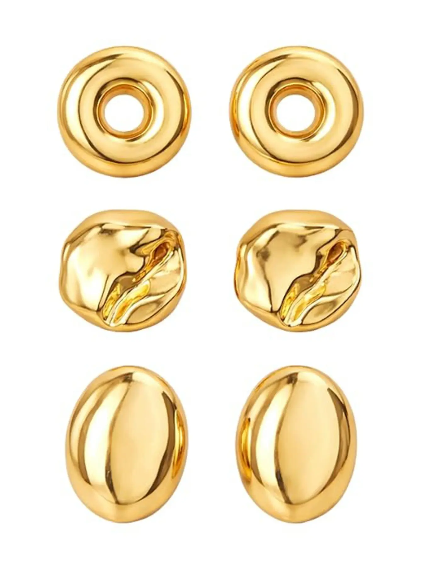 6 Pcs Vintage Gold Earrings Pack, Smooth Oval & Donut Circle Ear Studs, Non Tarnish Sensitive Ears Accessories Gift