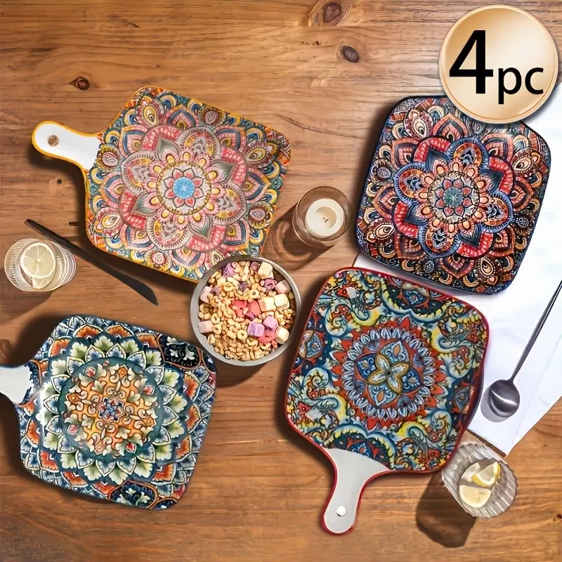 Set of 4 9inch Bohemian Ceramic Plates with Handles, Vintage High-Quality Glazed Design, Perfect for Salad and Hot Dishes, Ideal for Family Use and Gatherings