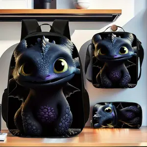 Cartoon dragon 3pcs Cartoon Pattern Backpack Set for Students, Lightweight & Foldable with Adjustable Straps, Includes Large Capacity Casual Double Shoulder Backpack, Pencil Bag and Lunch Boxfor School, Birthday Gift