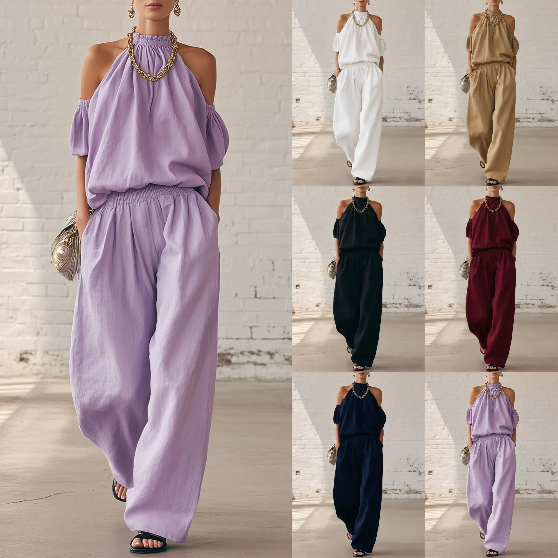 cross-border 2026 summer new women's off-shoulder halter top and high-waisted wide-leg pants casual set