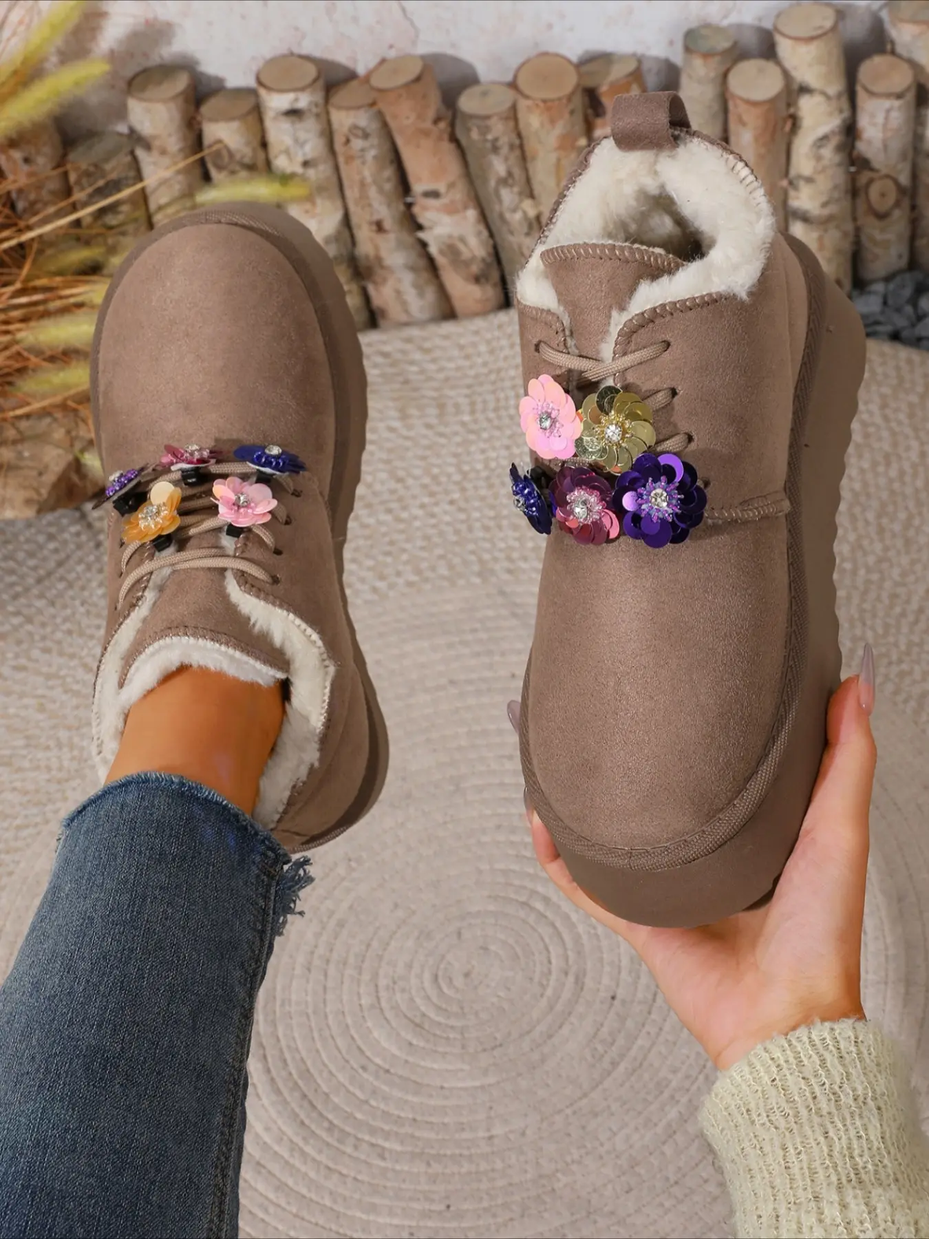 Suede round‑toe lace‑up platform snow boots with colorful flower decor, plush lining, sweet lovely women warm winter boots