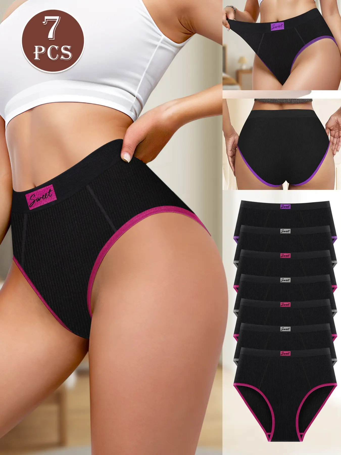 7-Pack Underwear Briefs, Trendy Sweet Letter Label, High Stretch Breathable Panties, Slim-Fitting, Elegant, All Seasons, Women's Comfort