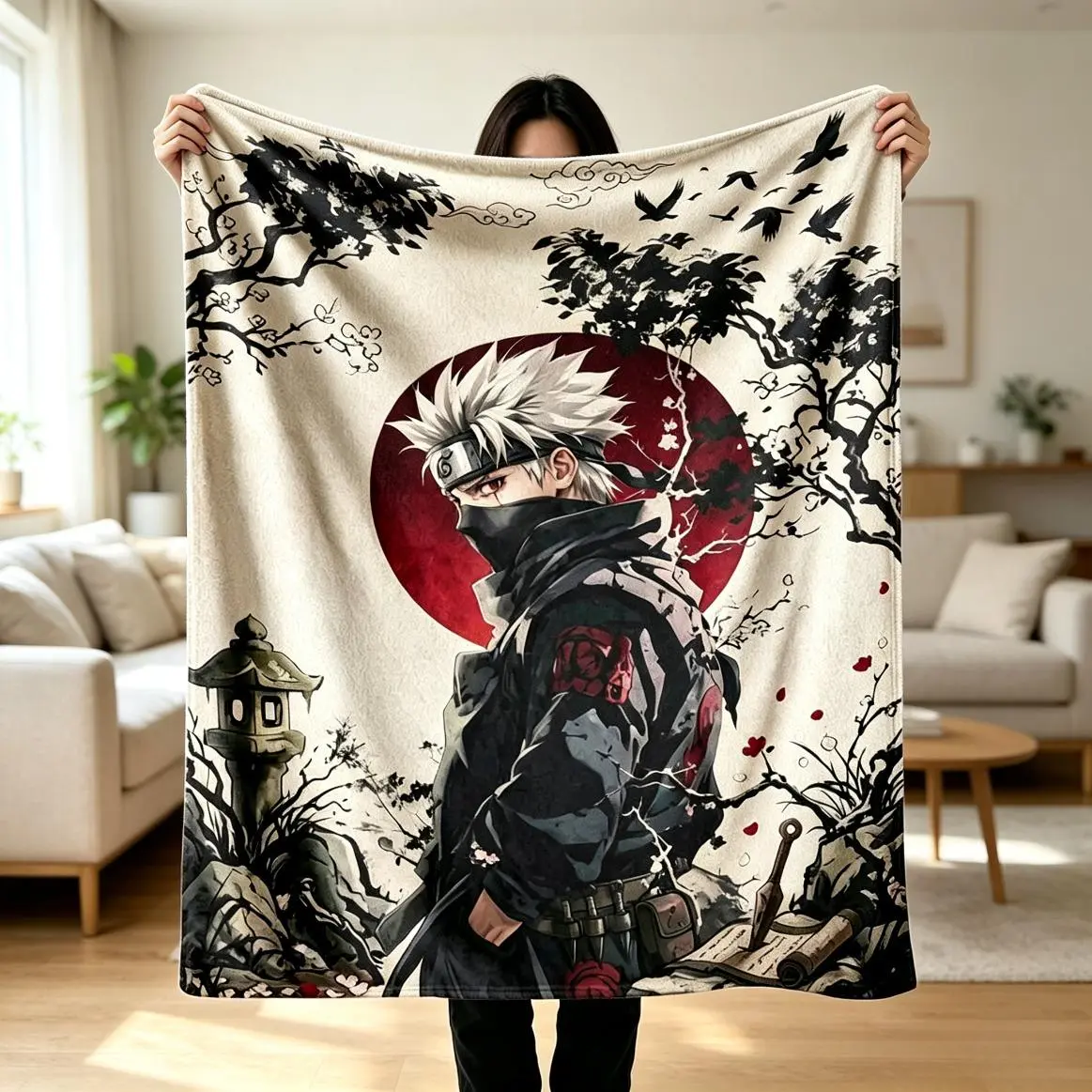 Kakashi Hatake Naruto Series Flannel Blanket For Adults And Kids, Japanese Samurai Ink Art Print With Rising Sun Sakura Elements, Soft Warm Cozy Lightweight Throw Blanket, Anti-Pilling Fleece Blanket For Sofa Bedroom Office Travel Gift Home Decor