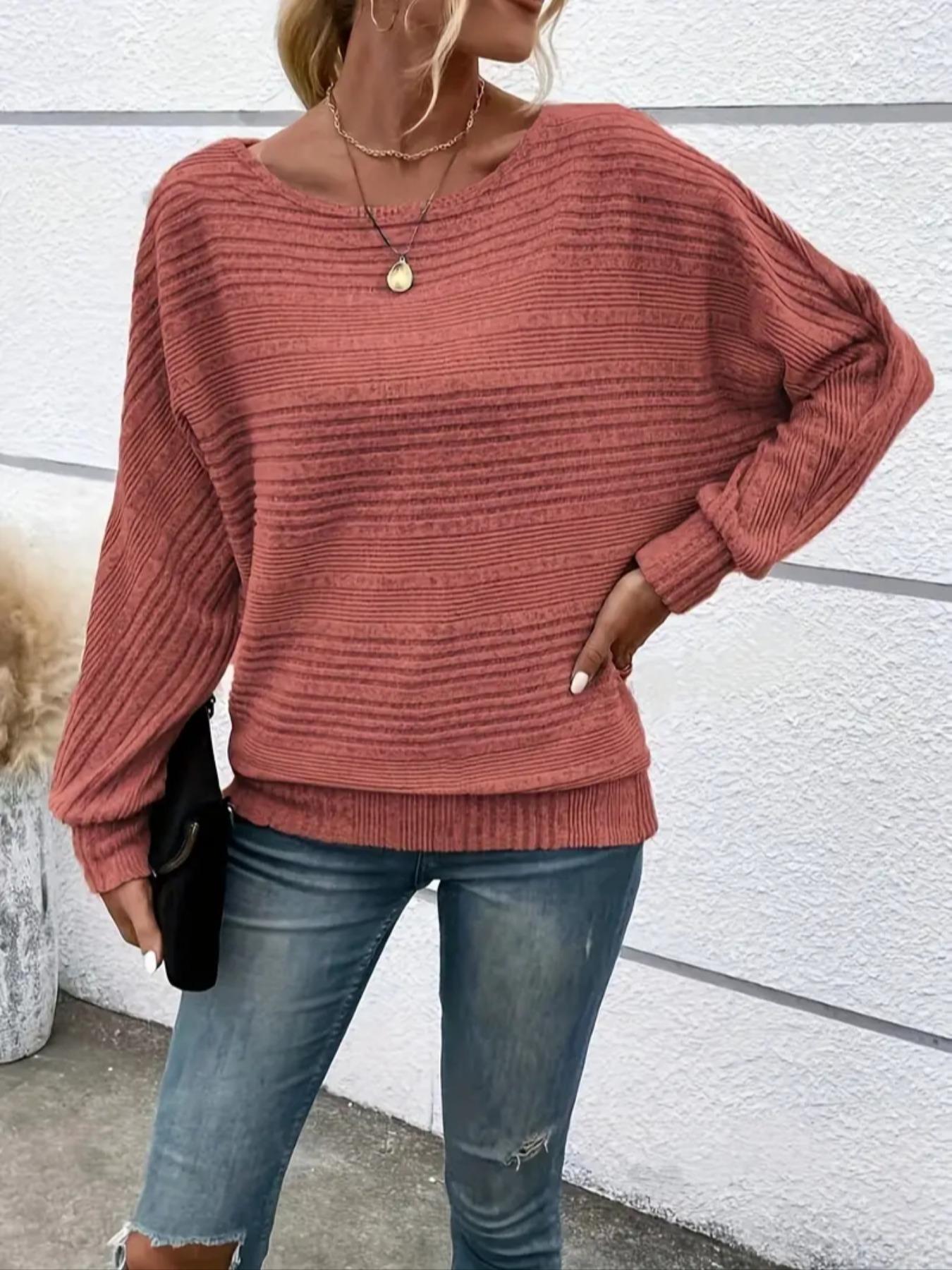 Women's Plain Batwing-Sleeve Tee, Casual Long-Sleeve Crew Neck T-Shirt for Fall & Winter, Fashion Ladies' Clothing for Daily Wear