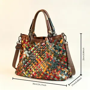 Women's Retro Handbag, Bohemian Multi-Color Patchwork Woven Leather Shoulder Bag, Large Messenger for Laptop, Work, and Travel, Handbags For Women