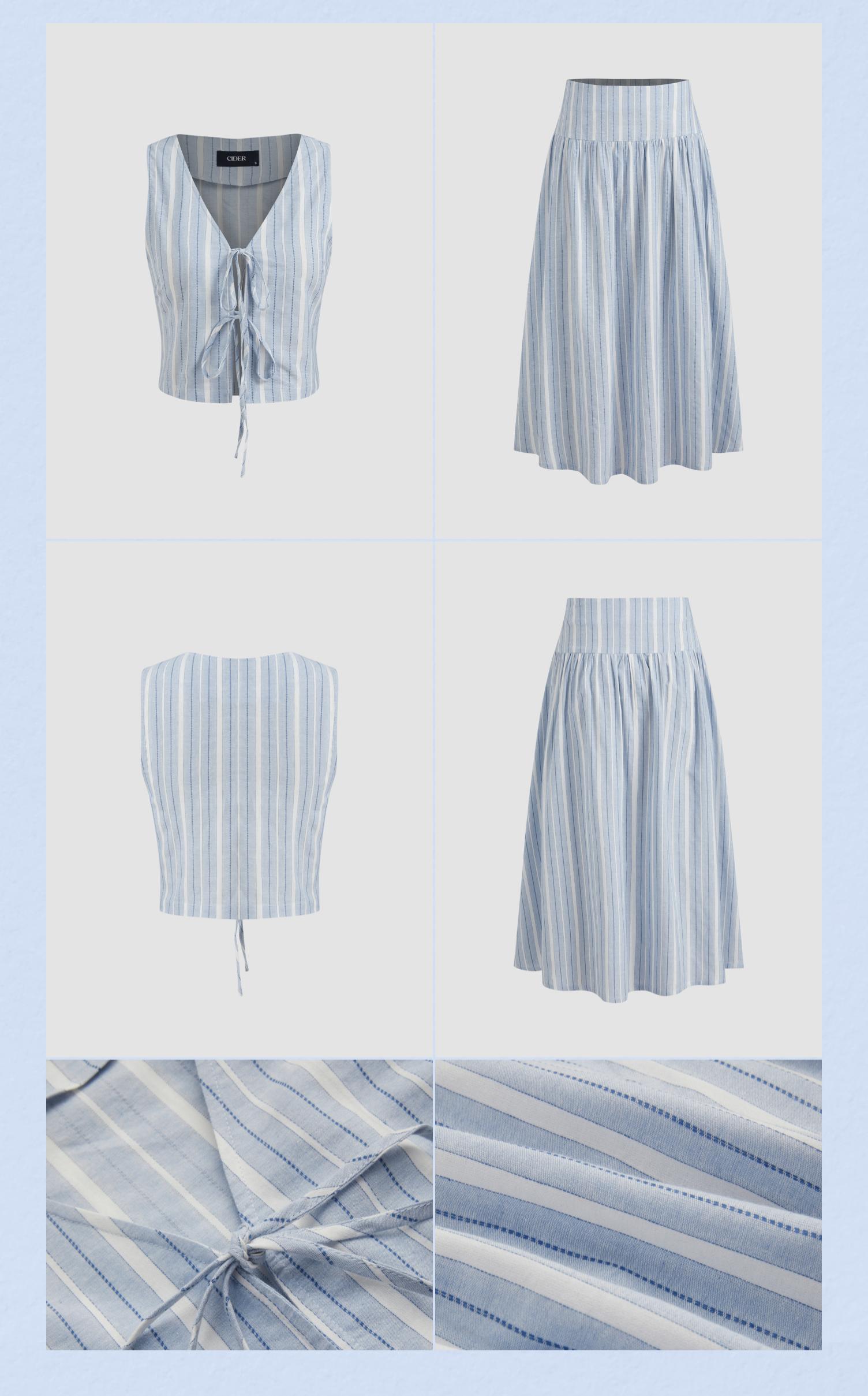 Cider [size 0-10] 100% Cotton V-neck Striped Tie Front Crop Vest & Mid Rise Striped Ruffle Midi Skirt
