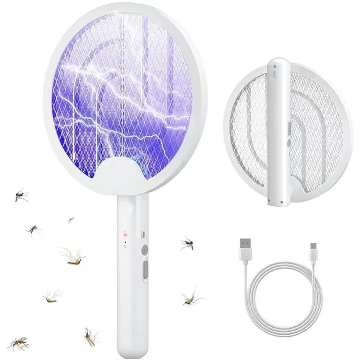 Electric Fly Swatter Racket - 2 in 1 Smart Bug Zapper with USB Rechargeable Base Motor for Efficient Operation 3-layer Mesh USB Cable for Indoor and Outdoor Use Household Items Appliances Mosquito Trap Mosquito Repellent