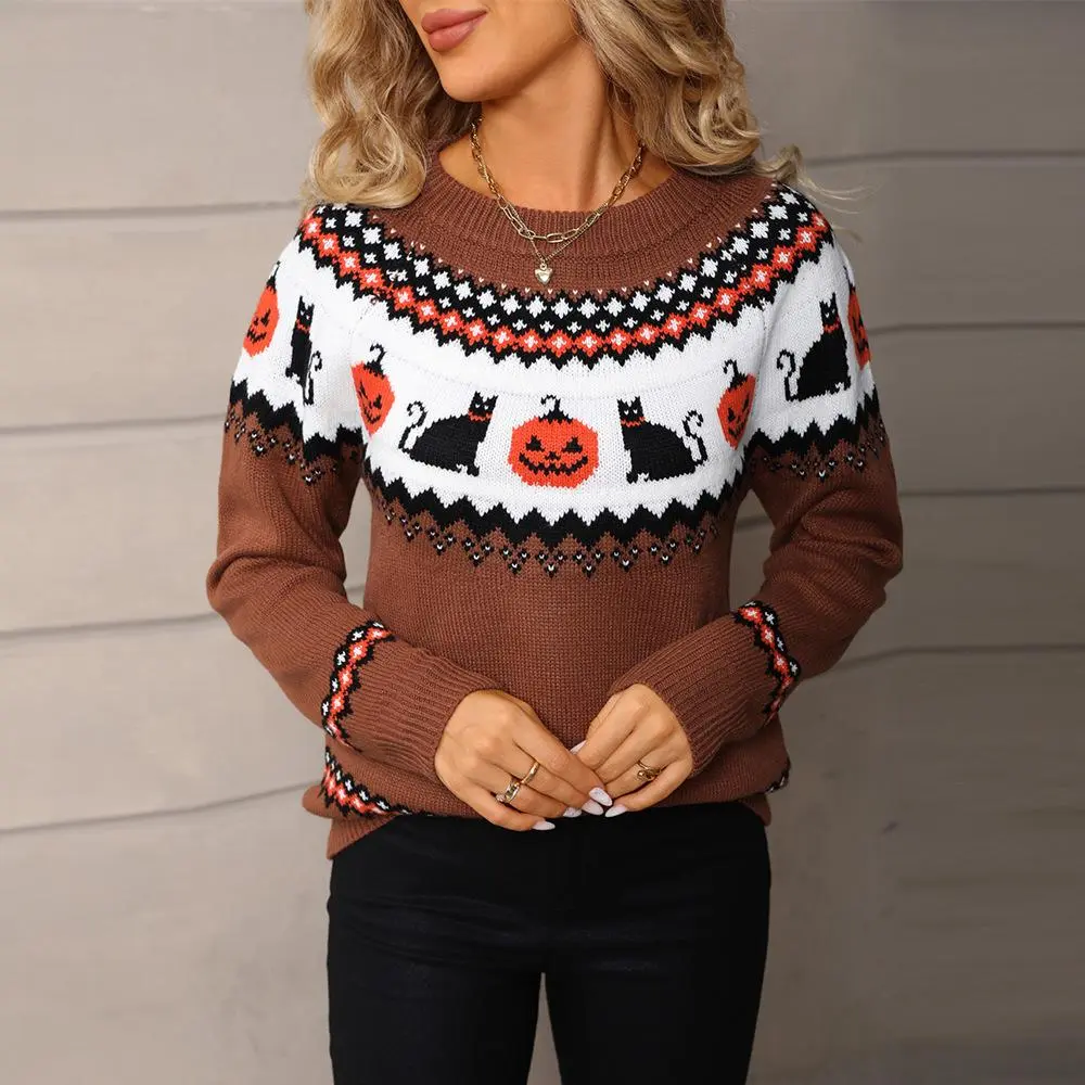 2026 Women's Halloween Knit Sweater, Pumpkin and Black Cat Graphic Crew Neck Long Sleeve Pullover, Cozy Fall Winter Holiday Sweater for Halloween Party, Christmas Season, Streetwear, Travel, Daily Wear and Festive Casual Outfits