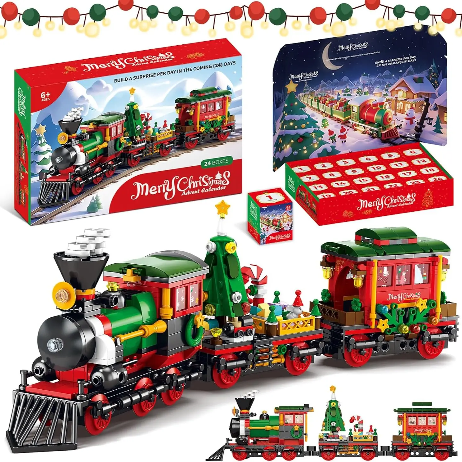 2026 Building Set, 24-Day Christmas Countdown Calendar, Santa Sleigh, Christmas Tree, Train Decor, 770/912 Pieces, Gift for All Ages