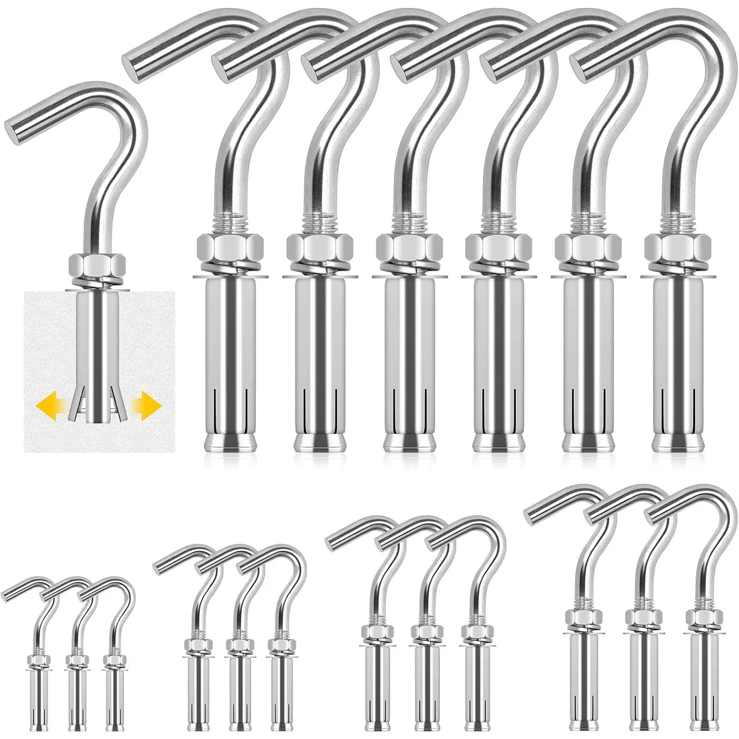 6 count M12 Expansion Hook Set, 304 Stainless Steel Open Cup Hook Screw, Heavy Duty Concrete Hook, Expansion Screw in Hooks, Concrete Wall Hook for Concrete Brick Stone Ceiling
