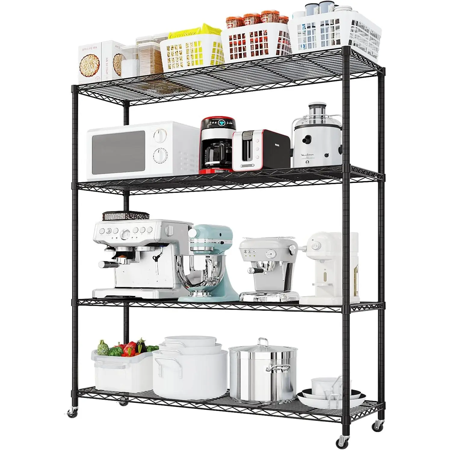 Karl home Black 4/5 Tier Wire Storage Shelving with 2" Wheels, 800LBS | Heavy Duty 800LBS Capacity Metal Shelving Rack on Rolling Wheels, 64.96"H x 46.06"W x 17.7"D for Garage, Kitchen
