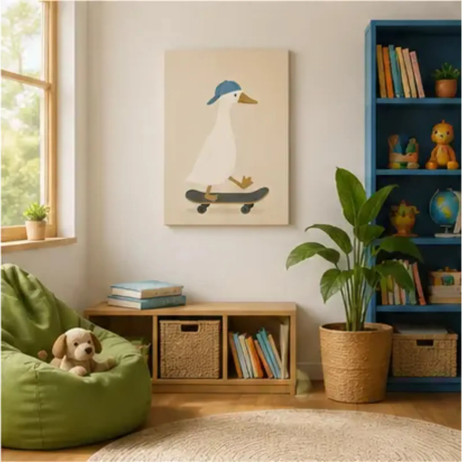 Cute Duck Skateboard Canvas Wall Art,Minimalist Animal Poster Print, Funny Cartoon Artwork, Modern Room Decor for Bedroom Nursery Living Room